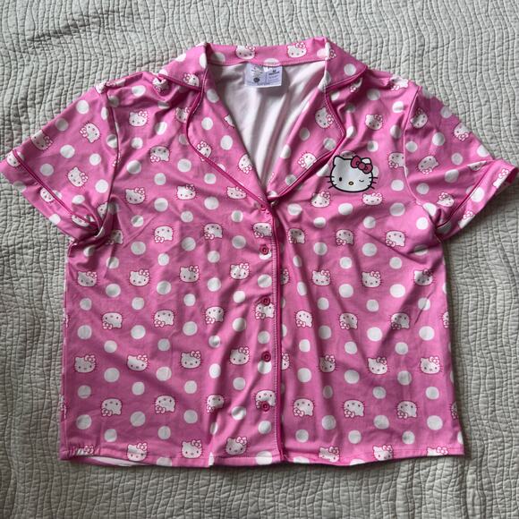 Hello Kitty Sleep Shirt Pink Print Collared Button Up Short Sleeve Size M - Picture 1 of 6
